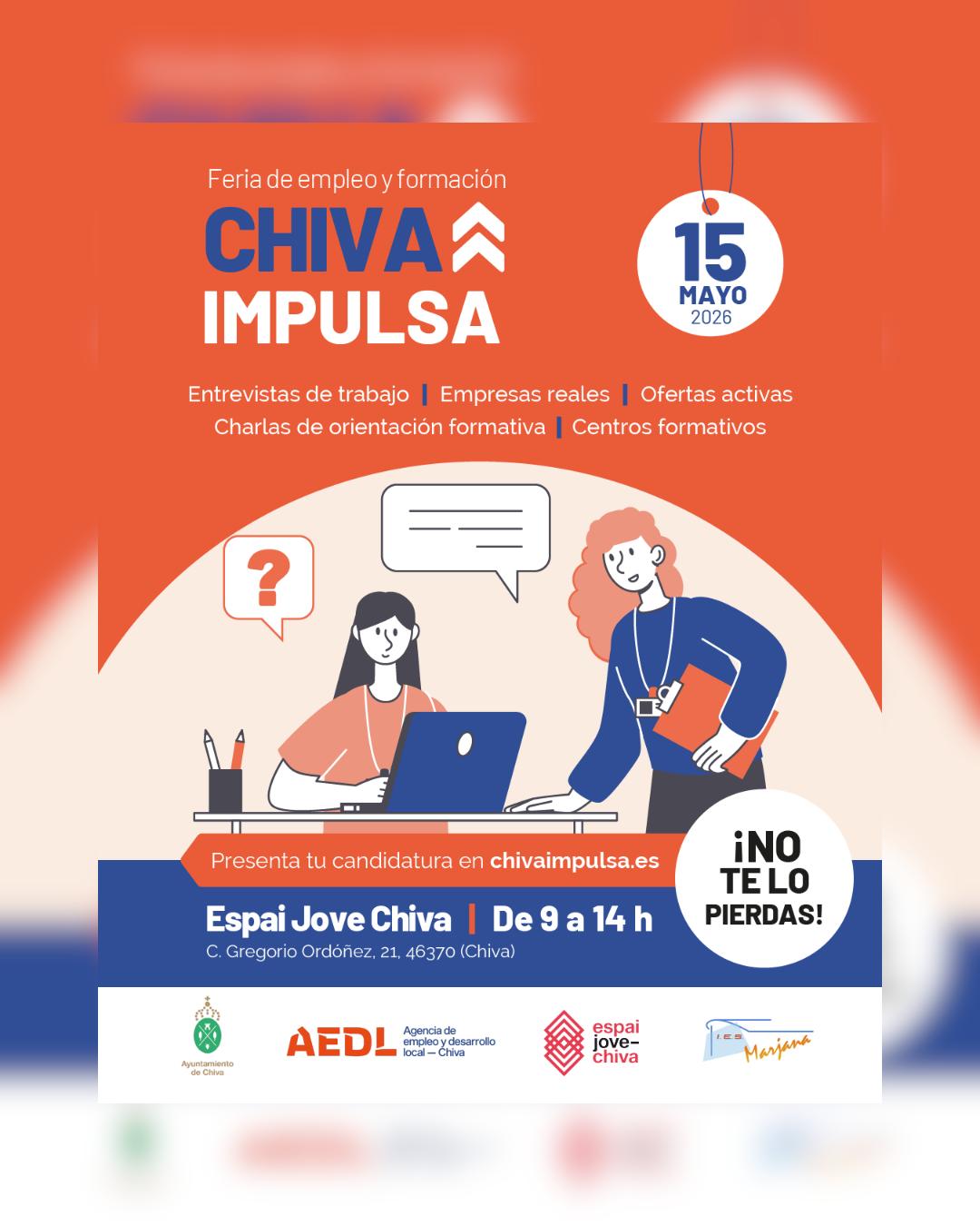 Feria de empleo y formación “Chiva Impulsa” el próximo 15 de mayo en el Espai Jove