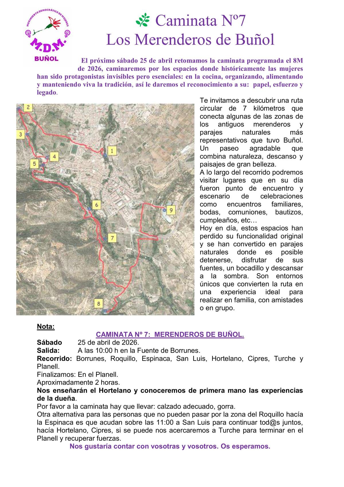 El Movimiento Democrático de Mujeres (MDM) de Buñol organiza este sábado la caminata programada por el 8M que tuvo que ser suspendida