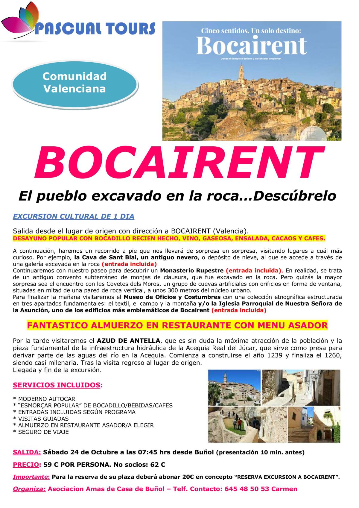 COMUNICADO EXCURSIÓN A BOCAIRENT ORGANIZADA POR LAS AMAS DE CASA DE BUÑOL