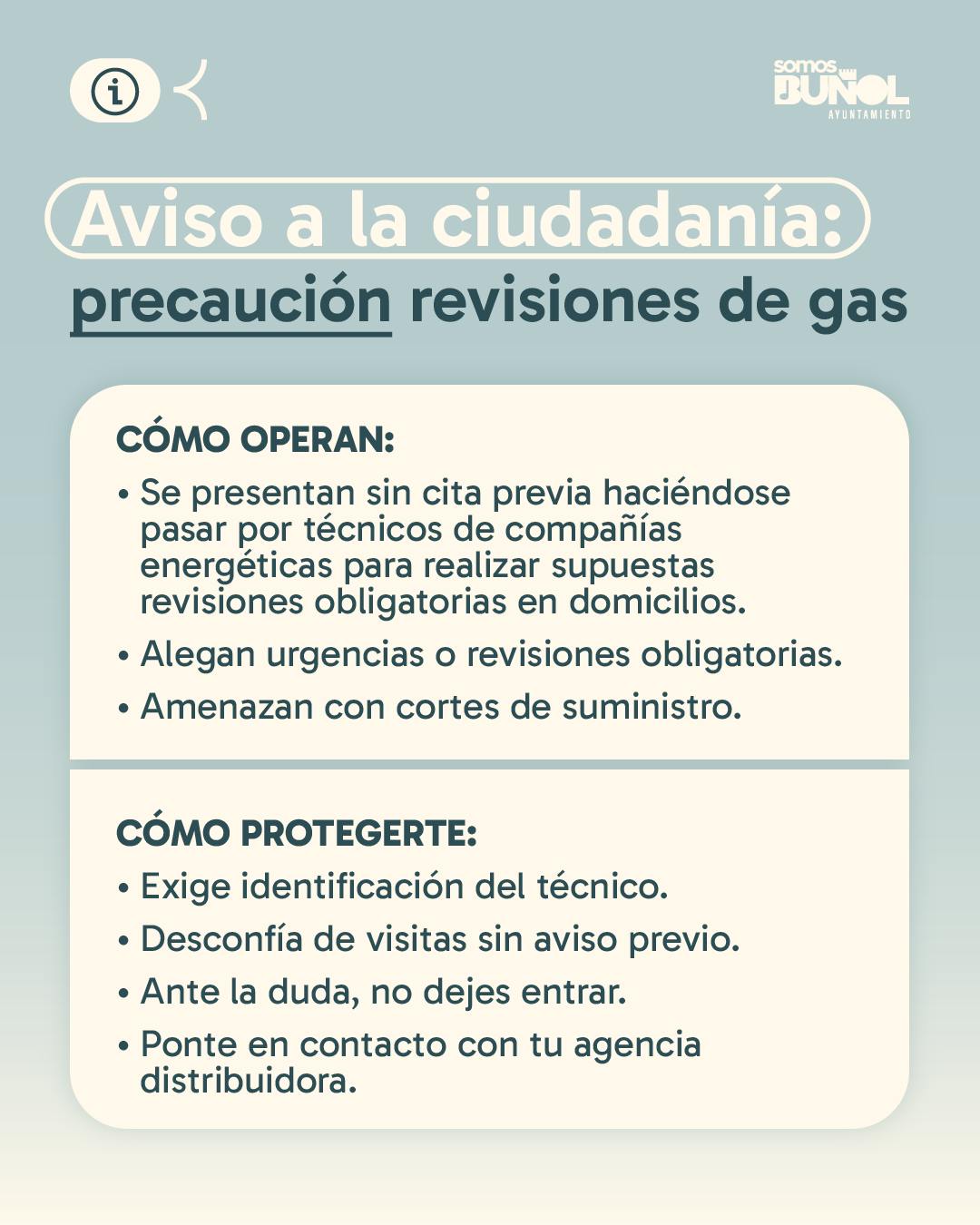Repsol ha notificado al Ayuntamiento de Buñol que personas ajenas a la compañía están haciéndose pasar por técnicos para realizar supuestas revisiones de gas en domicilios