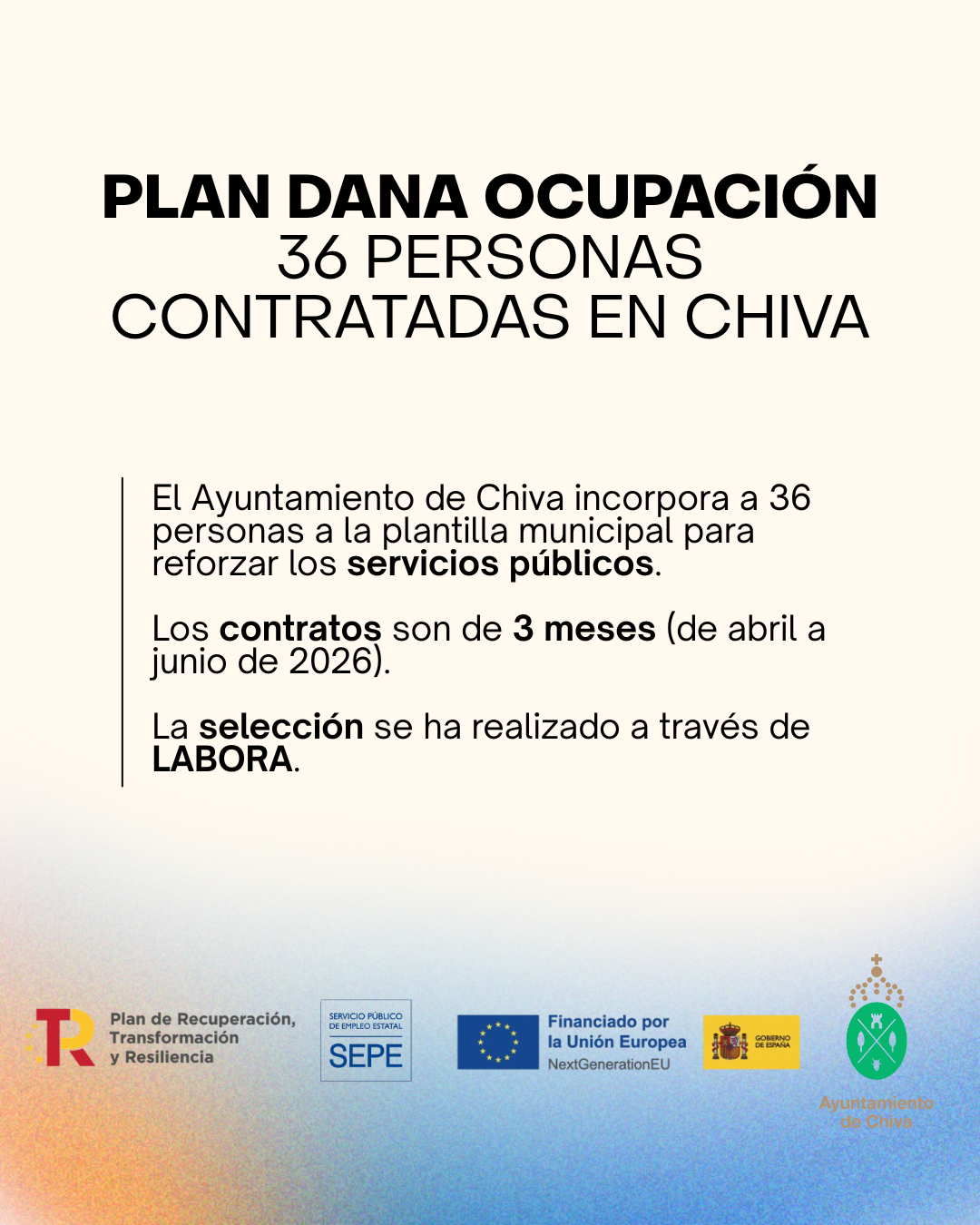 Chiva incorpora 36 personas a la plantilla municipal con el Plan DANA Ocupación