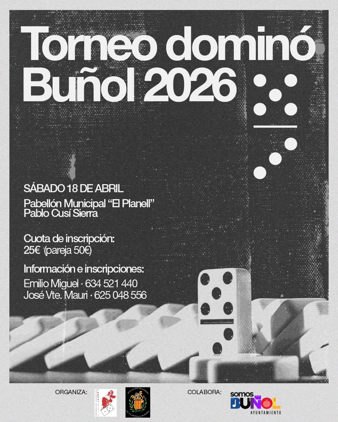 El Pabellón Municipal Pablo Cusí Sierra del Planell acoge mañana sábado 18 el Torneo de Dominó Buñol 2026