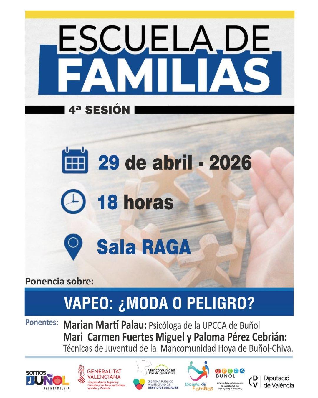 Nueva sesión de la Escuela de Familias en Buñol el próximo miércoles en la Sala Raga