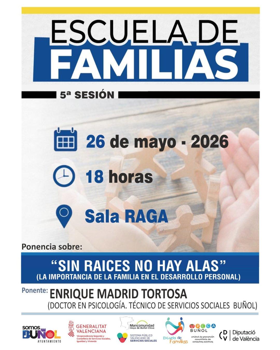 Nueva sesión de la Escuela de Familias de Buñol el próximo 26 de mayo en la Sala Raga