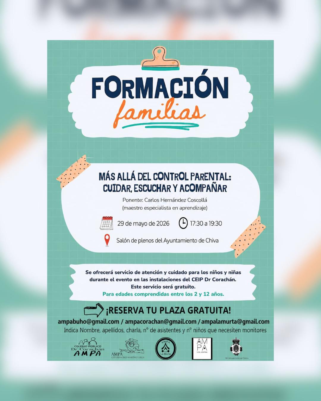 Formación para familias: “Más allá del control parental” en Chiva este viernes