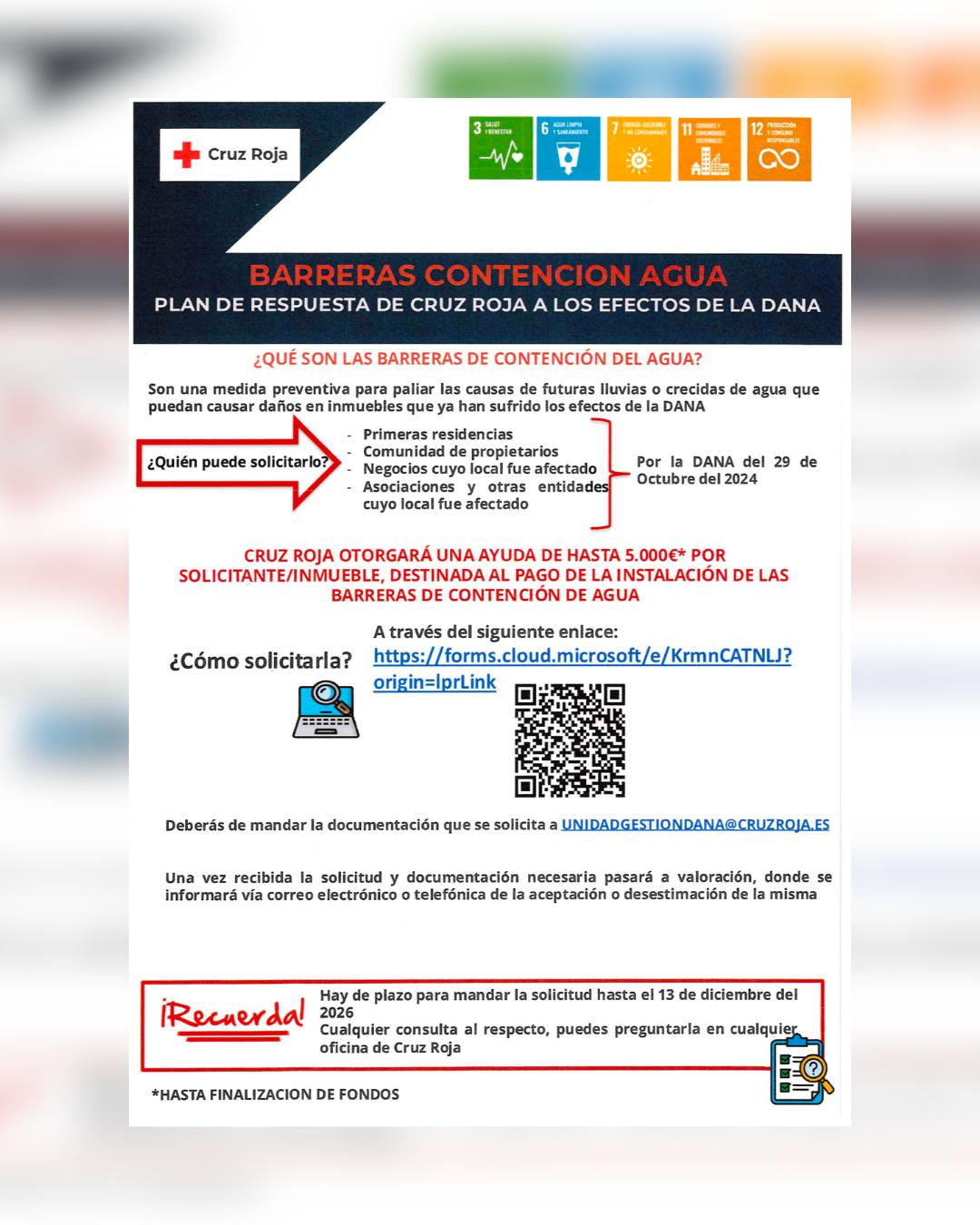 El Ayuntamiento de Chiva ha informado que Cruz Roja ofrece ayudas para instalar barreras de contención de agua en inmuebles afectados por la DANA