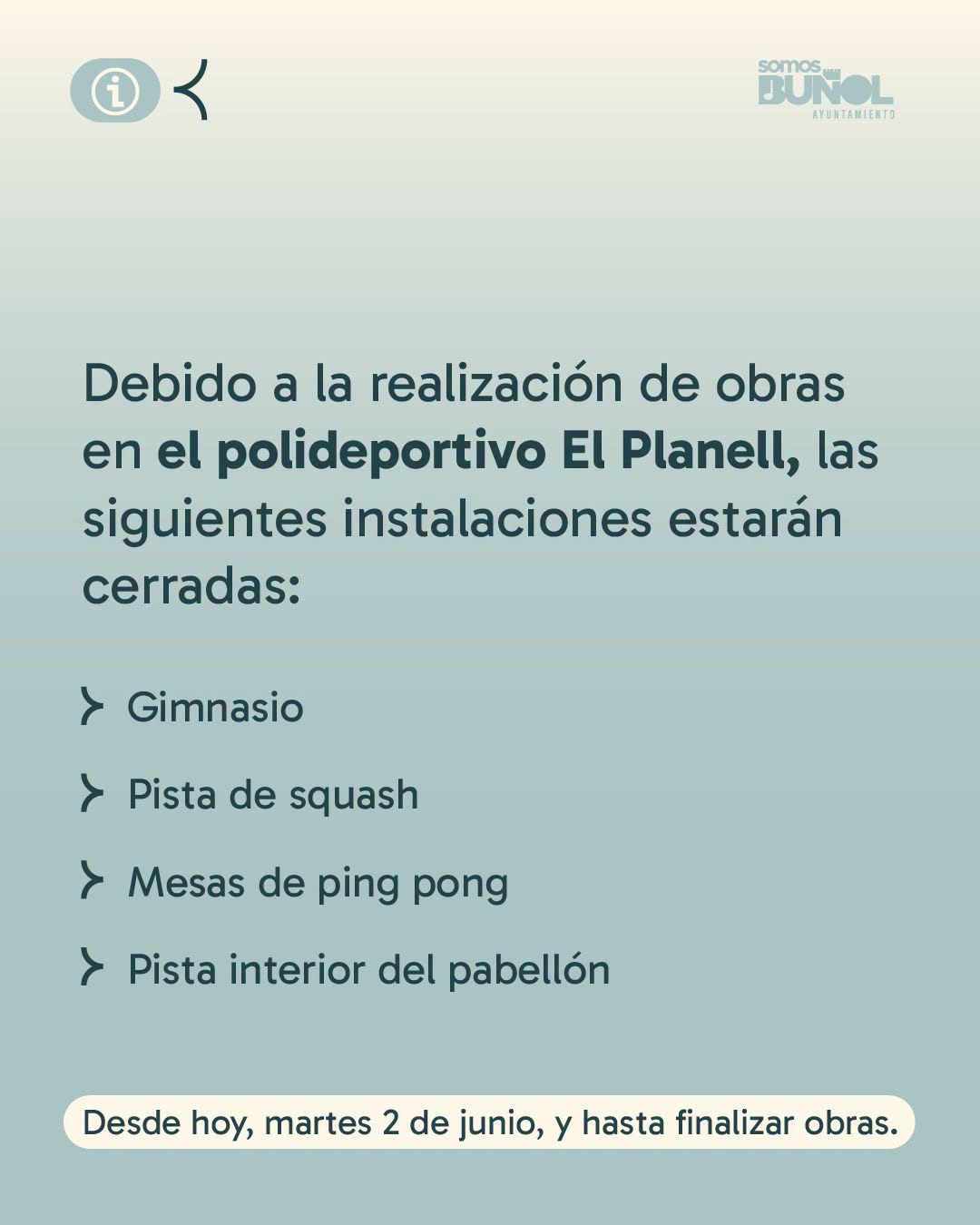 COMUNICADO OBRAS EN EL POLIDEPORTIVO DEL PLANELL DE BUÑOL