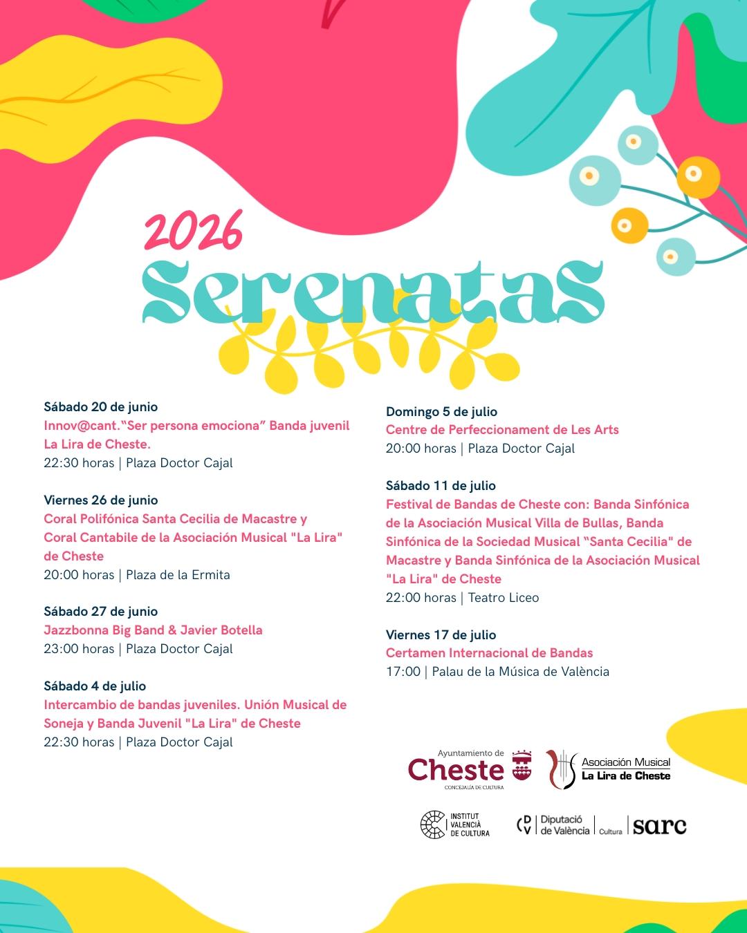 El Ayuntamiento de Cheste presenta las “Serenatas 2026” con un cartel que combina jazz, intercambio con otras poblaciones y mucho talento local