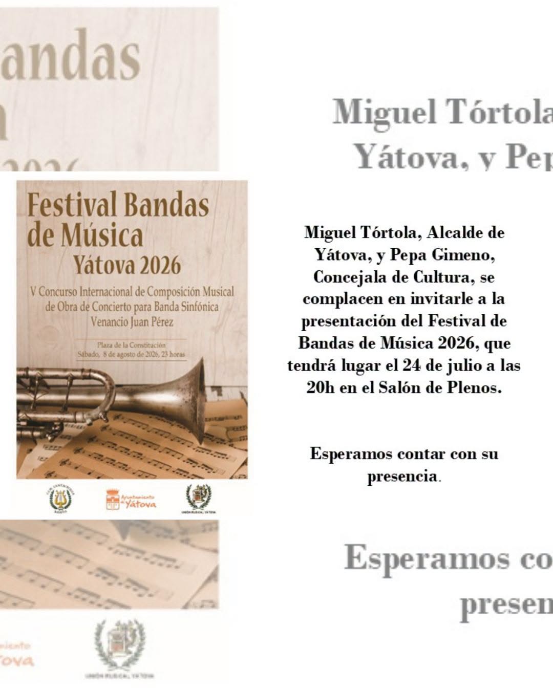 Mañana viernes Yátova presentará su Festival de Bandas de Música en el Salón de Plenos del Consistorio