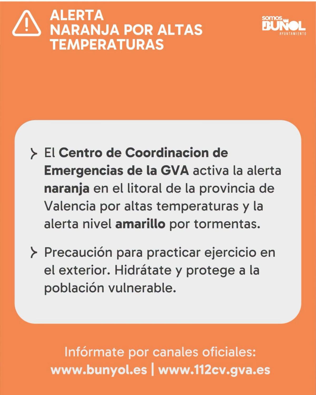 COMUNICADO ALERTA NARANJA POR ALTAS TEMPERATURAS HOY EN BUÑOL