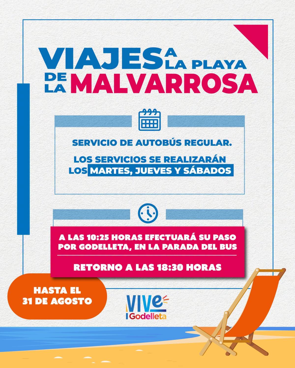 El Ayuntamiento de Godelleta ofrece servicio de autobús a la Malvarrosa todos los martes, jueves y sábados con ida y vuelta