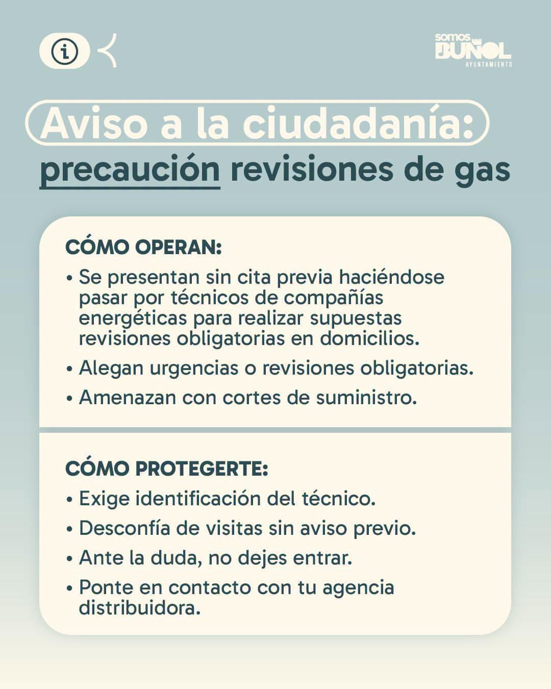 El Ayuntamiento de Buñol alerta a la población de que se están produciendo intentos de estafa con revisiones de gas
