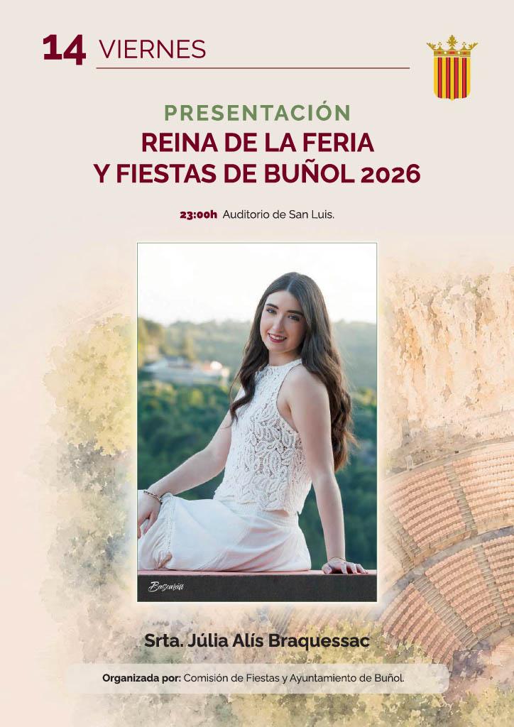 Júlia Alís será presentada como Reina de la Feria y Fiestas de Buñol este viernes en el Auditorio