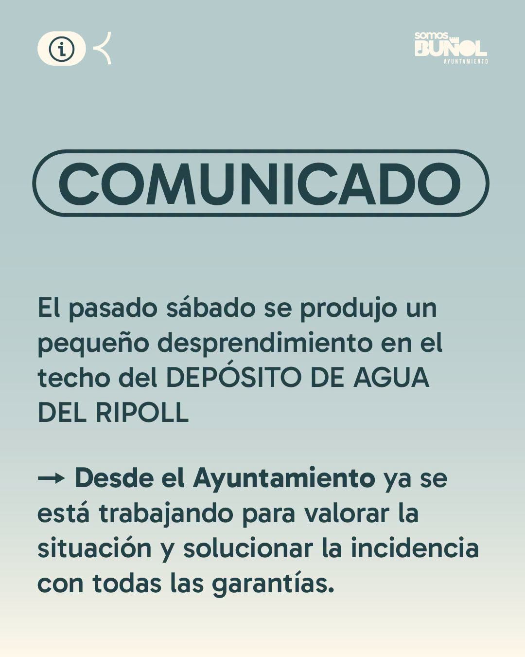 COMUNICADO DERRUMBE EN EL TECHO DEL DEPÓSITO DE AGUA DEL RIPOLL