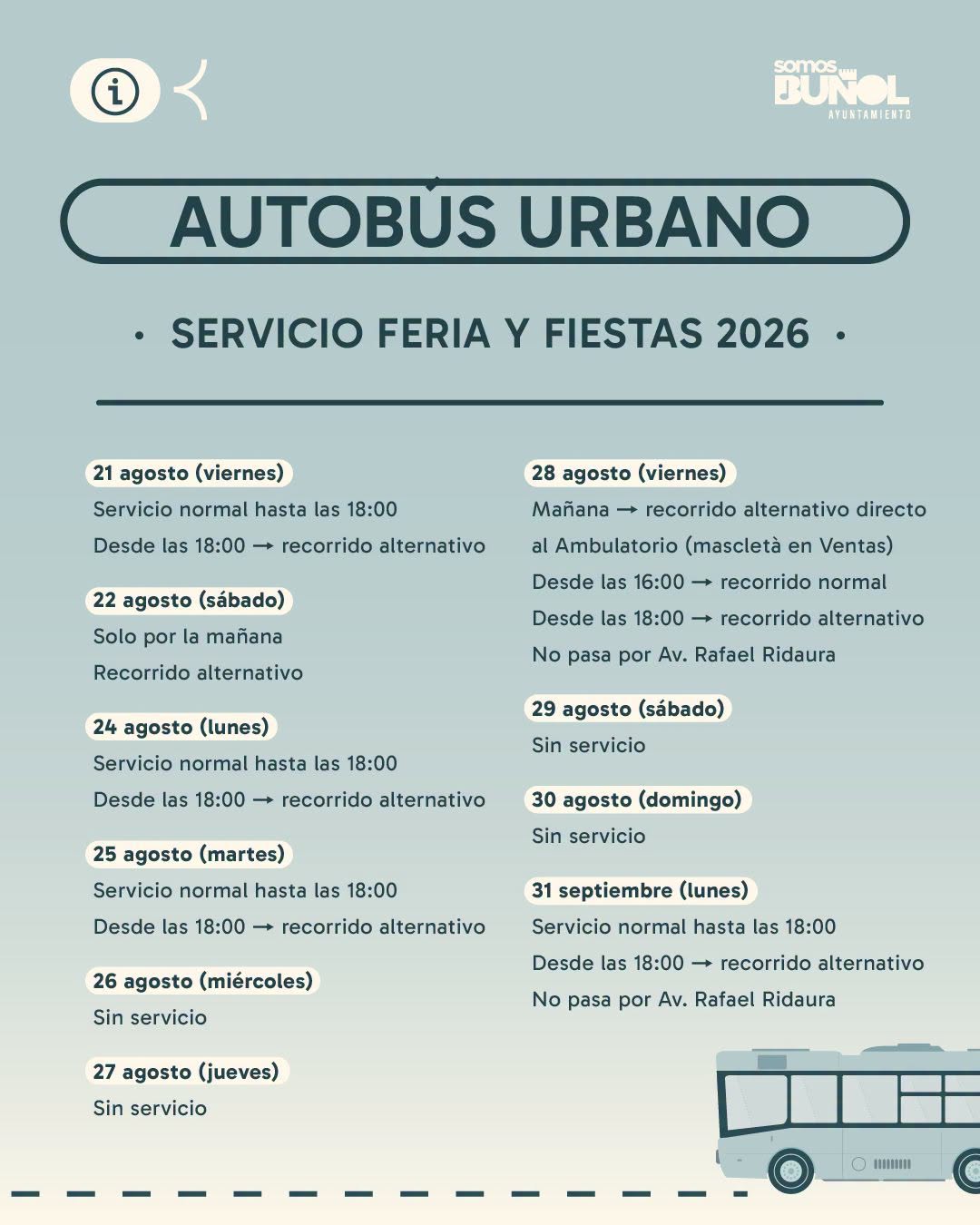 COMUNICADO SERVICIO AUTOBÚS URBANO EN FERIA Y FIESTAS