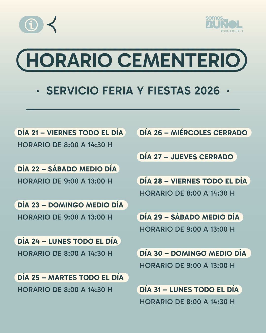 COMUNICADO HORARIO CEMENTERIO MUNICIPAL EN FERIA Y FIESTAS