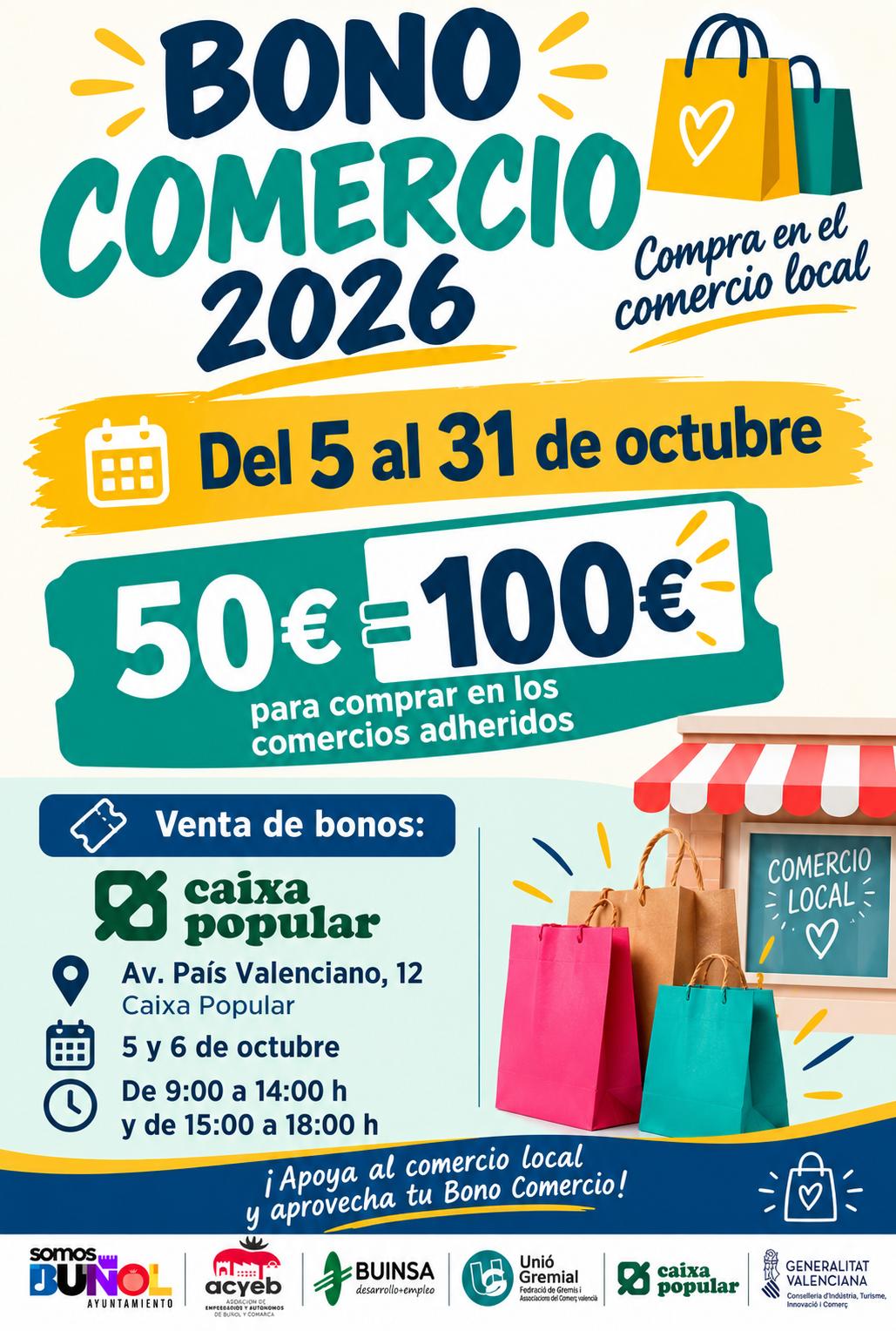 El Ayuntamiento de Buñol y la Asociación de Empresarios y Autónomos de la localidad lanza la nueva campaña de Bono Comercio