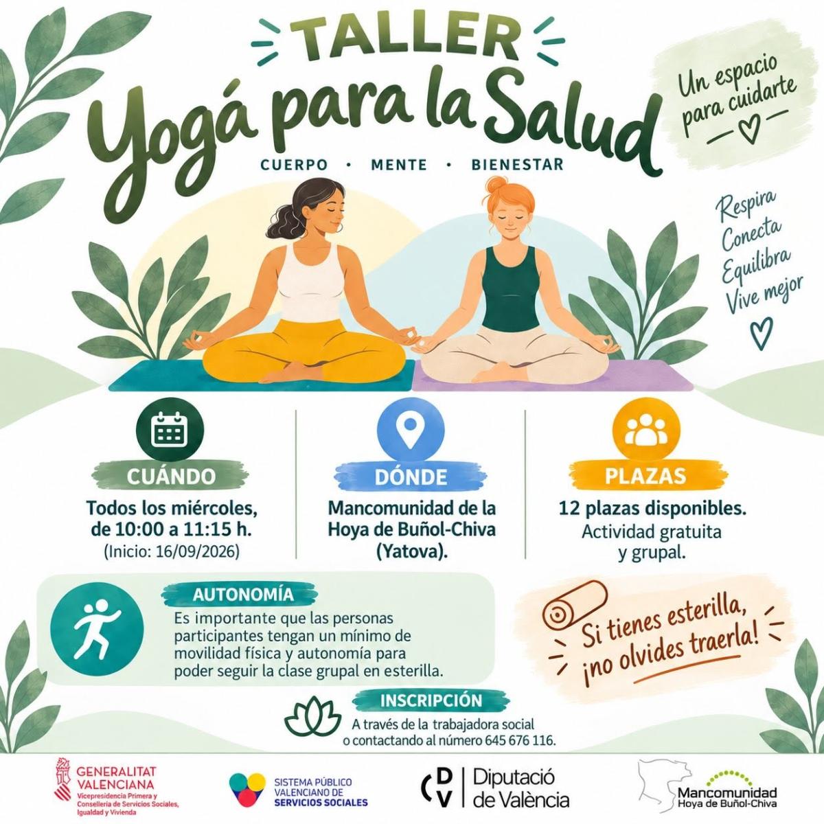 La Mancomunidad Hoya de Buñol-Chiva organiza un taller de yoga para la salud en Yátova todos los miércoles
