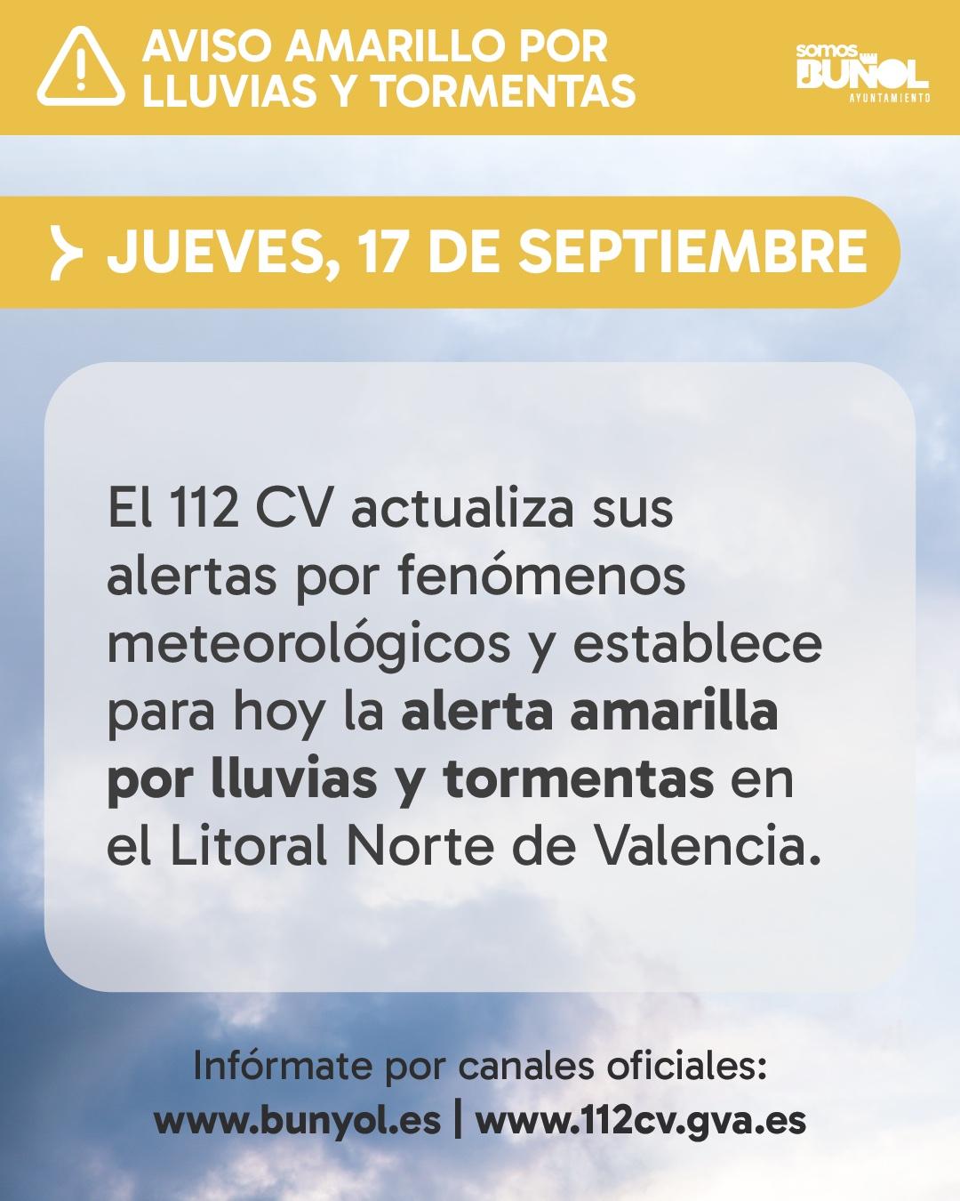 COMUNICADO AVISO ALERTA AMARILLA POR LLUVIAS EN BUÑOL HOY