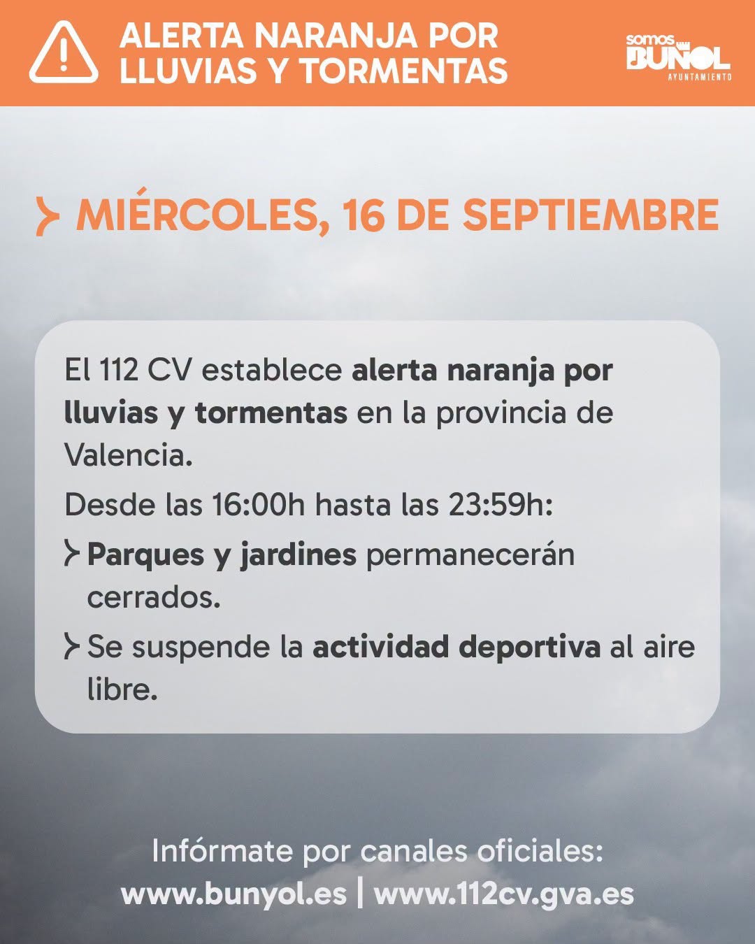 COMUNICADO ALERTA NARANJA POR LLUVIAS Y TORMENTAS HOY