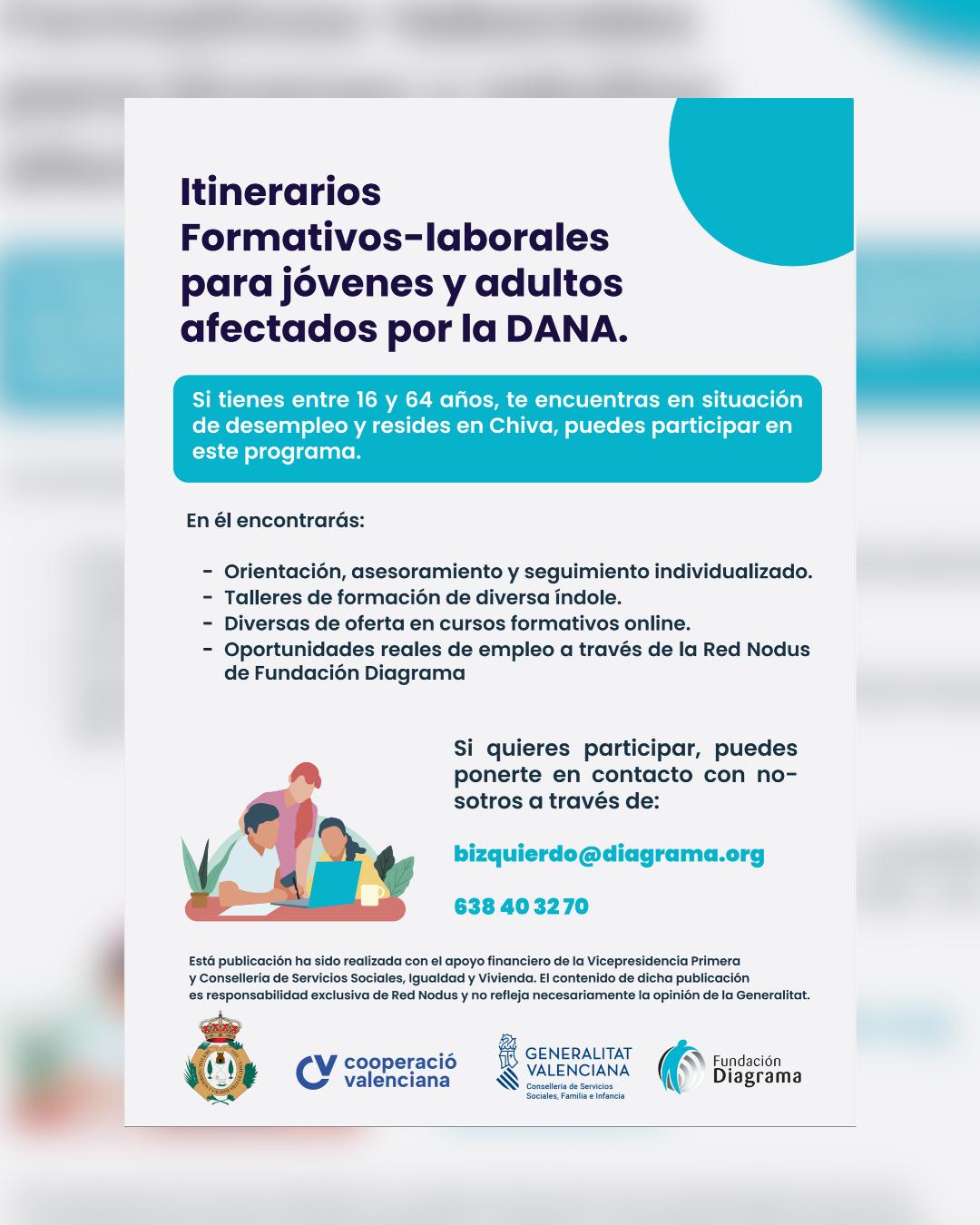 El Ayuntamiento de Chiva informa de itinerarios formativo-laborales para jóvenes y adultos afectados por la DANA