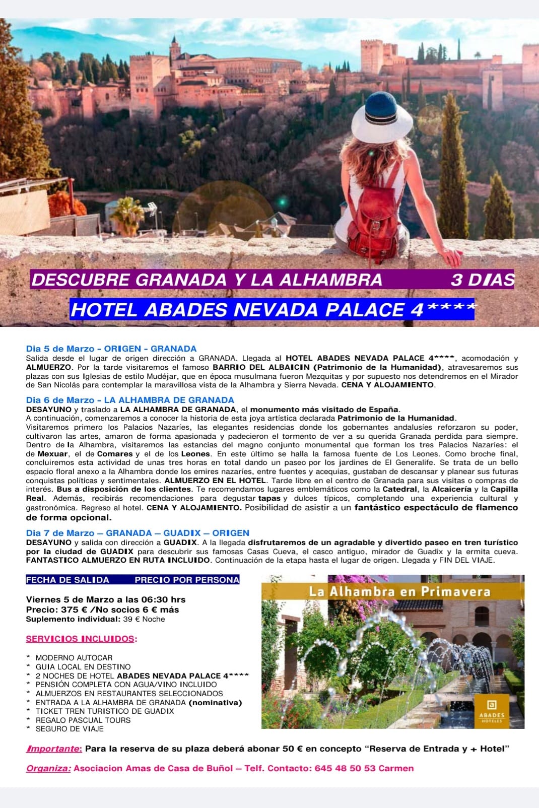 COMUNICADO VIAJE A GRANADA ORGANIZADO POR LAS AMAS DE CASA DE BUÑOL