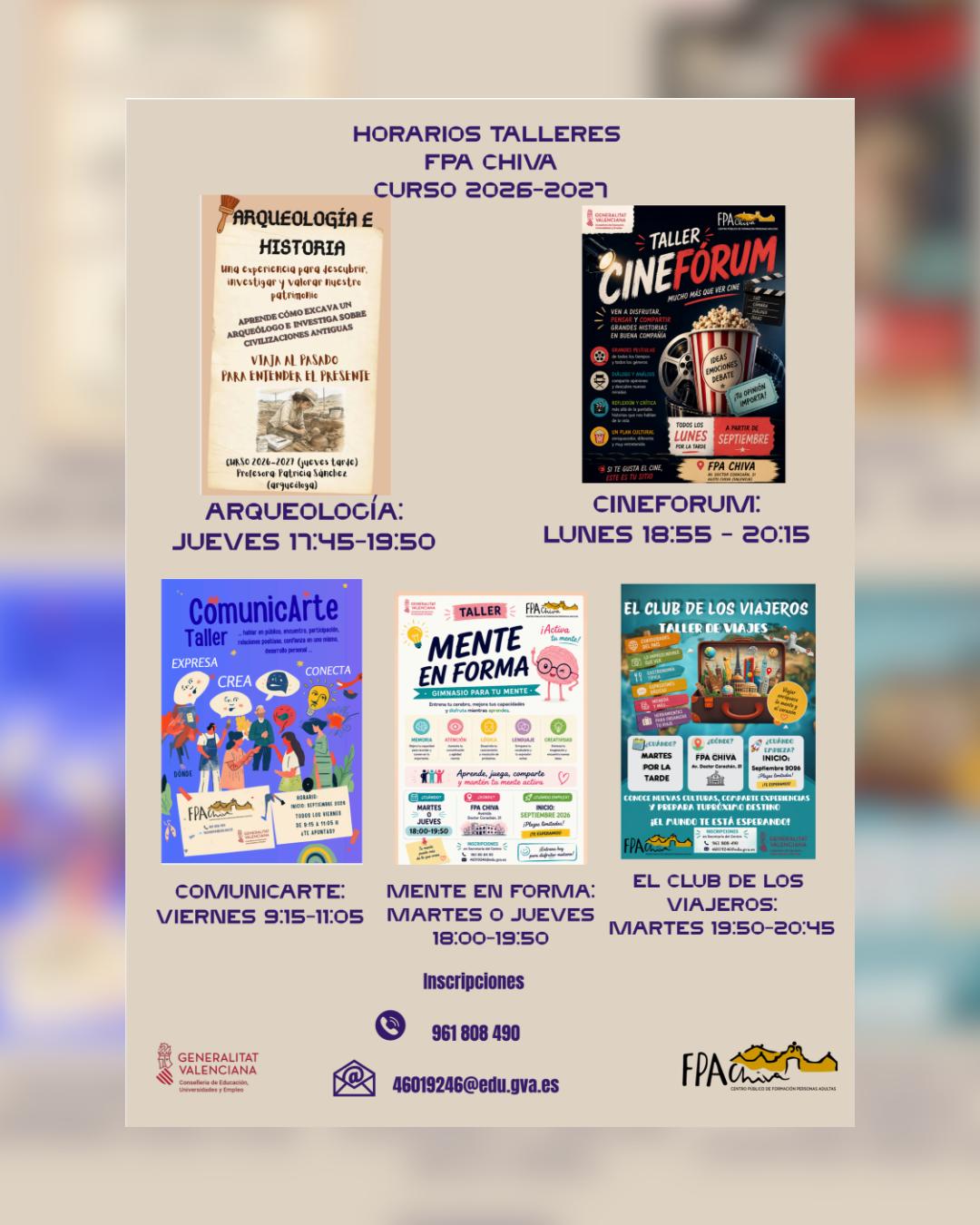 La Formación de Personas Adultas de Chiva presenta los horarios de sus talleres para el curso 2026-2027