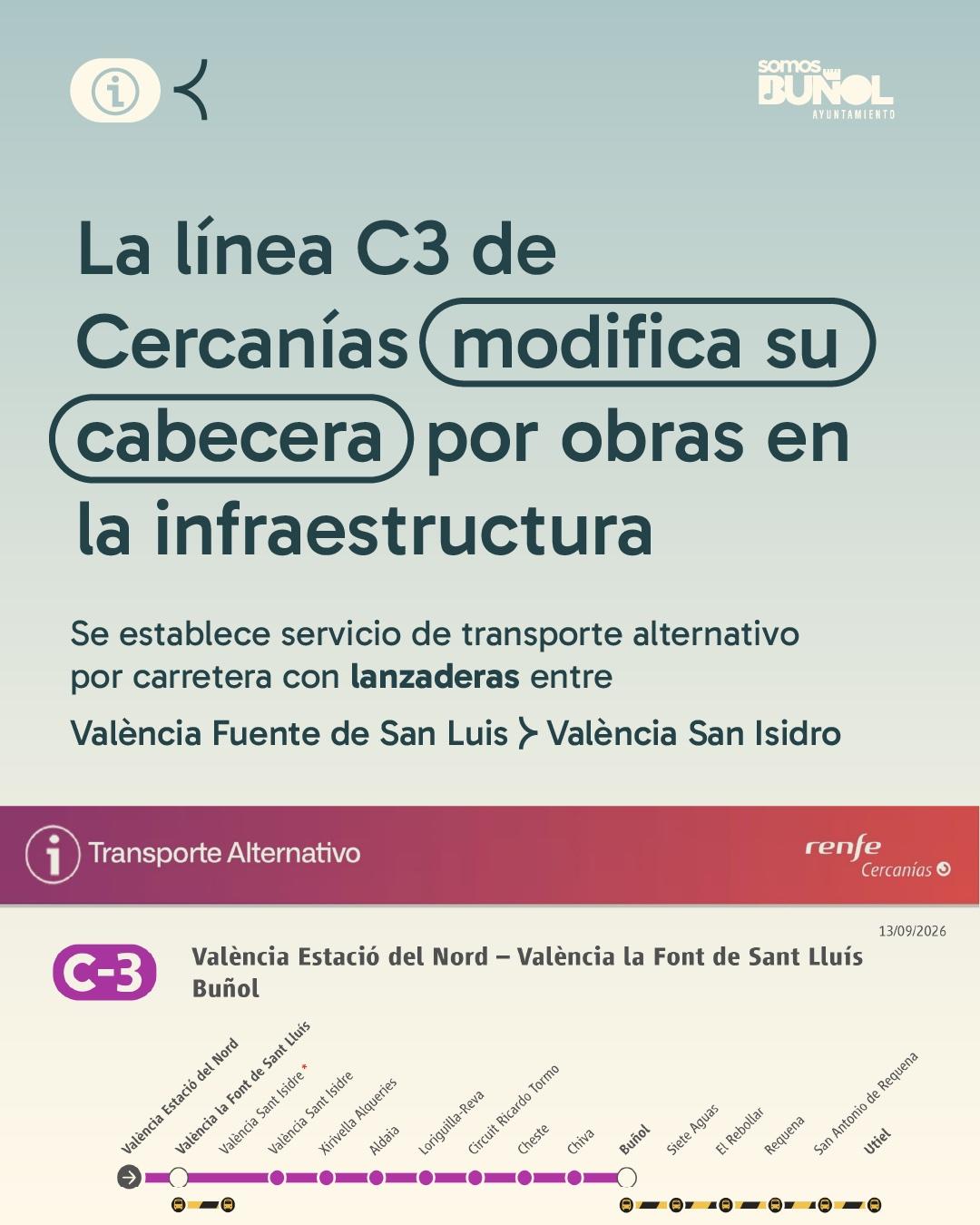 El Ayuntamiento de Buñol informa de los nuevos horarios en la línea C3 de Cercanías Valencia