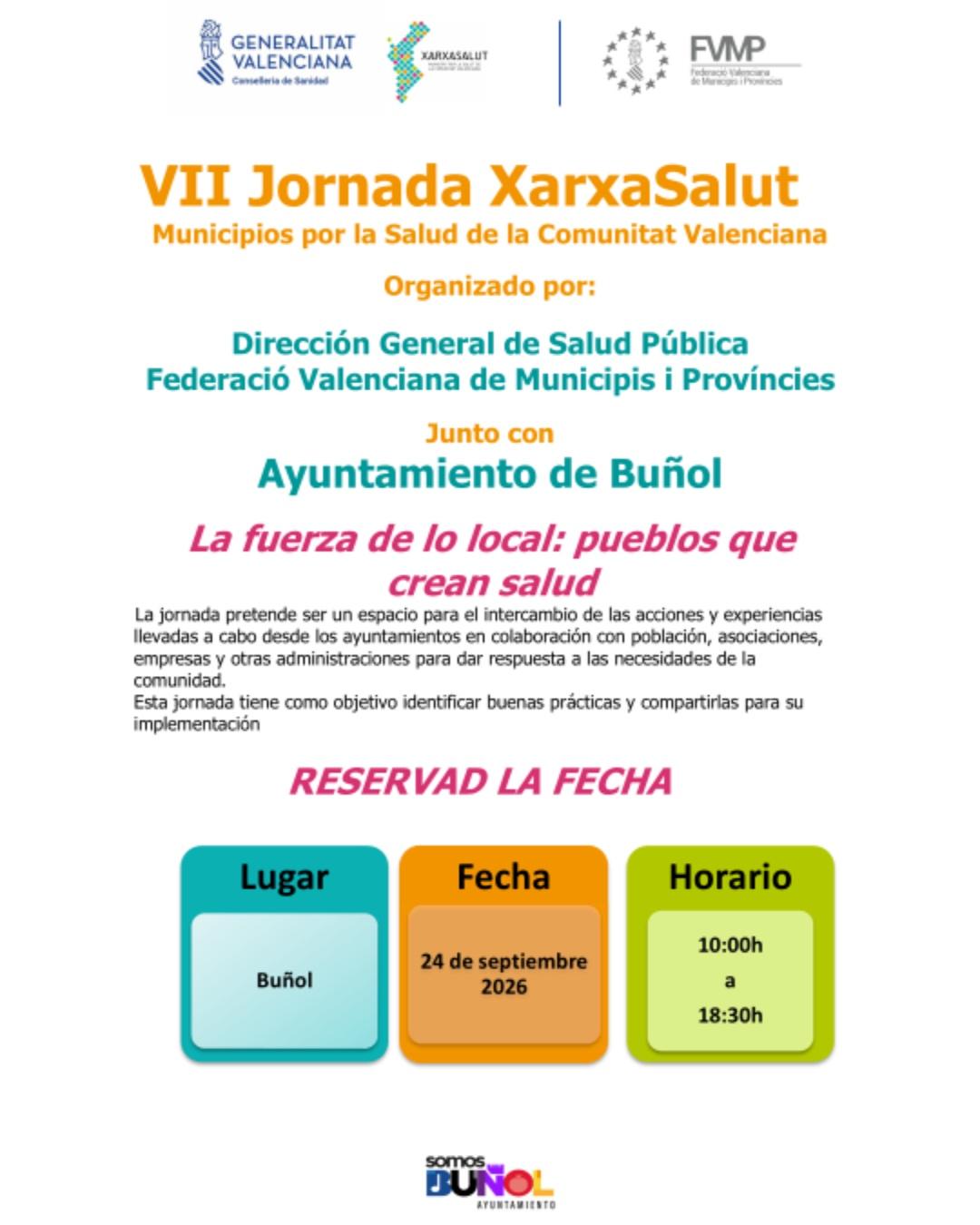 Buñol acogerá la VII Jornada de XarxaSalut, bajo el lema "Municipios por la Salud de la Comunitat Valenciana"