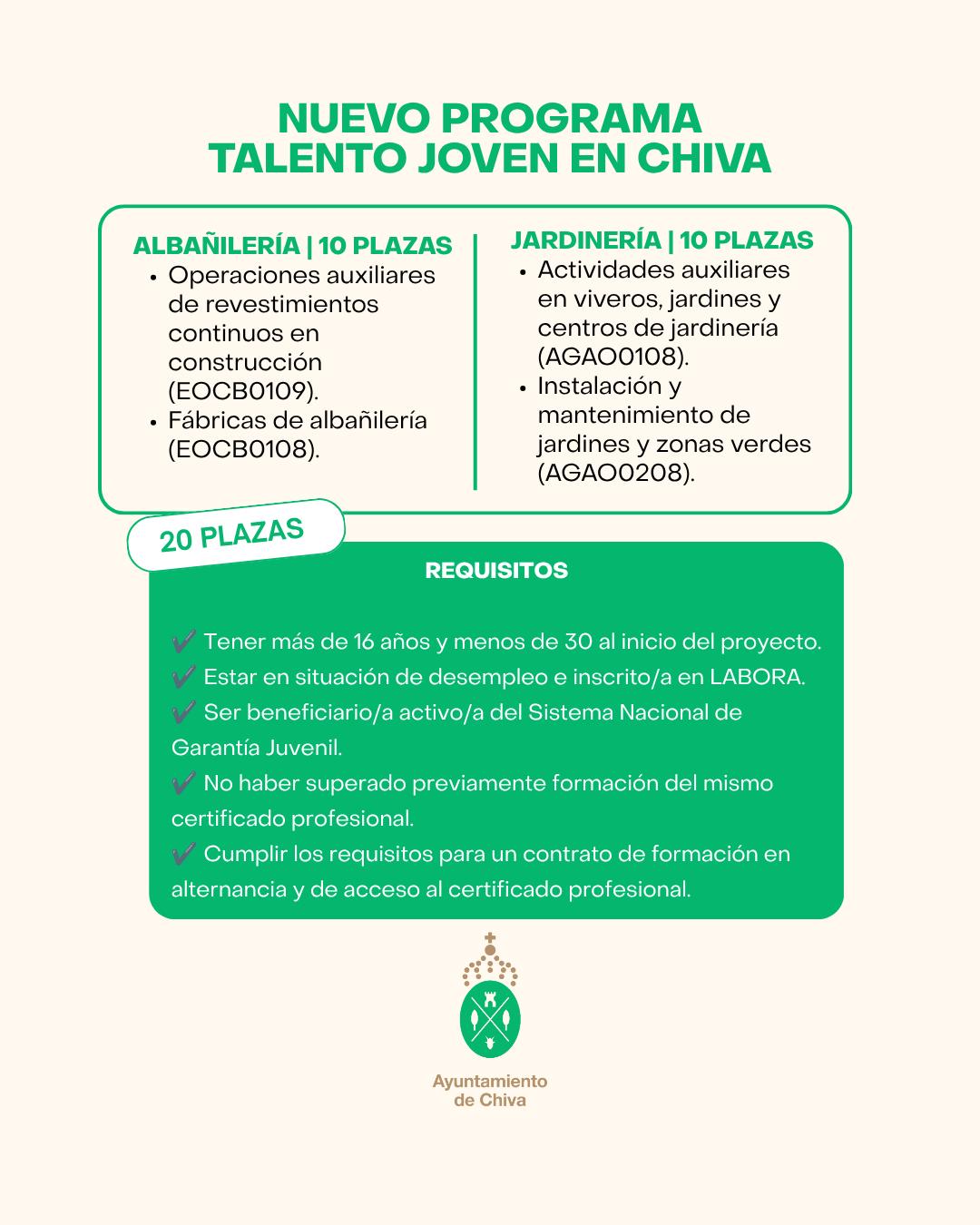 El Ayuntamiento de Chiva prepara una nueva edición del programa Talento Joven con 20 plazas de formación y empleo