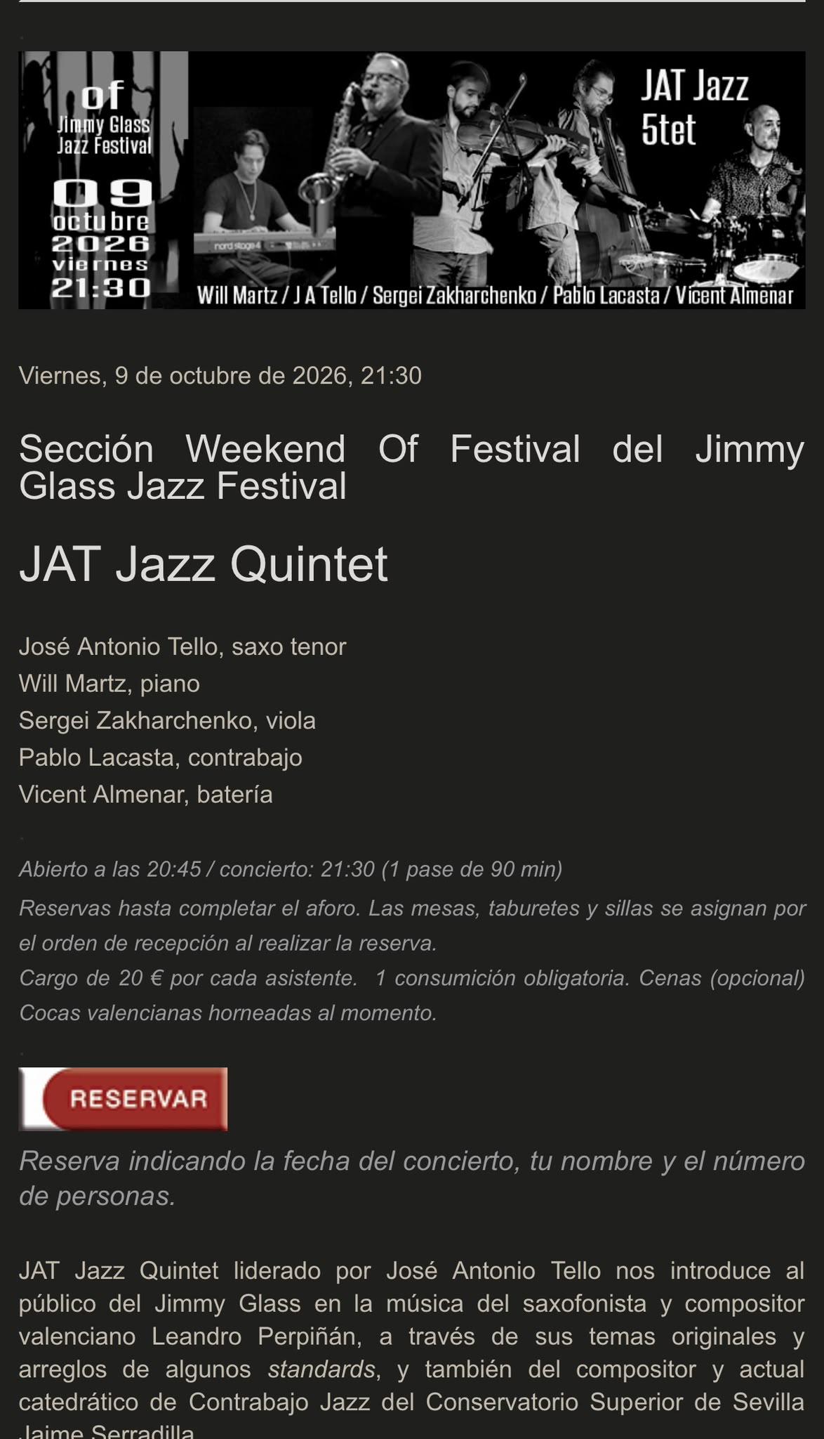 JAT Jazz Quintet ofrece un gran concierto este viernes en el club de jazz más antiguo de Valencia
