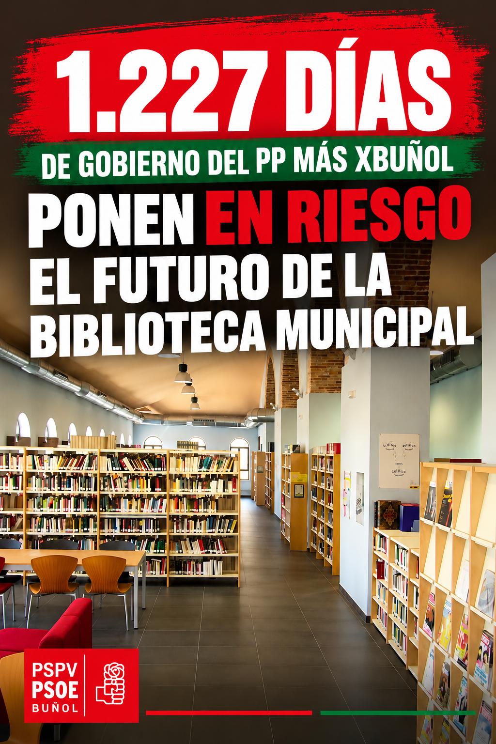 El PSPV-PSOE de Buñol afirma que 1.227 días de gobierno del PP y XBuñol ponen en riesgo el futuro de la Biblioteca Municipal de Buñol