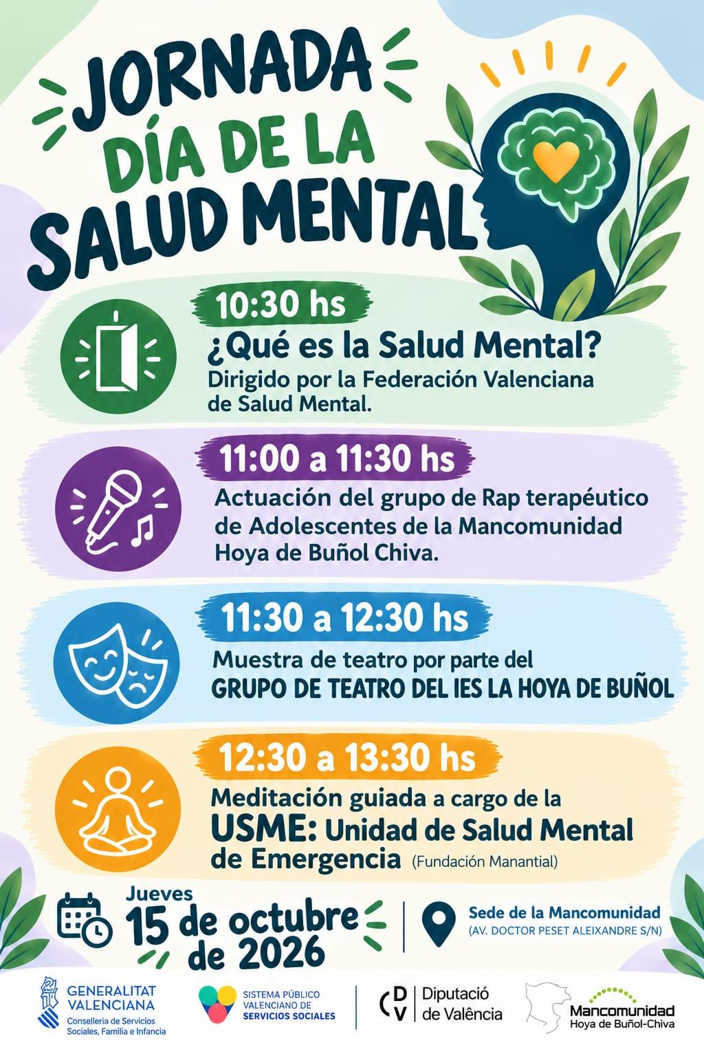 La Mancomunidad de la Hoya de Buñol-Chiva organiza el próximo 15 de octubre una jornada dedicada al Día de la Salud Mental