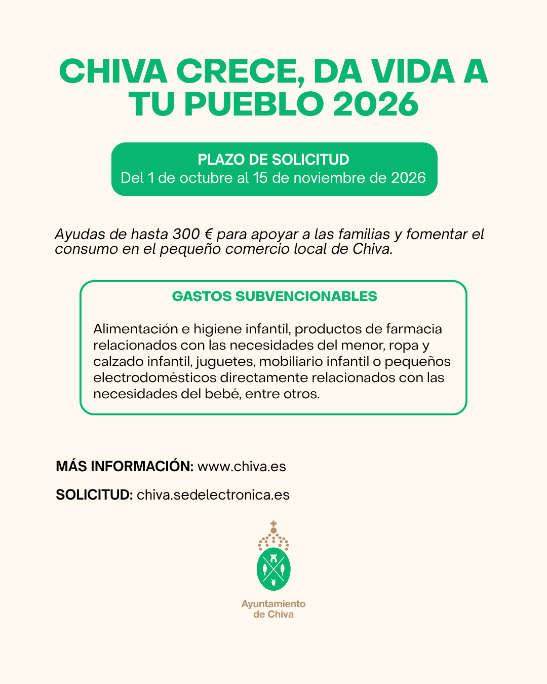 Chiva abre la convocatoria de ayudas "Chiva Crece, da vida a tu pueblo 2026"