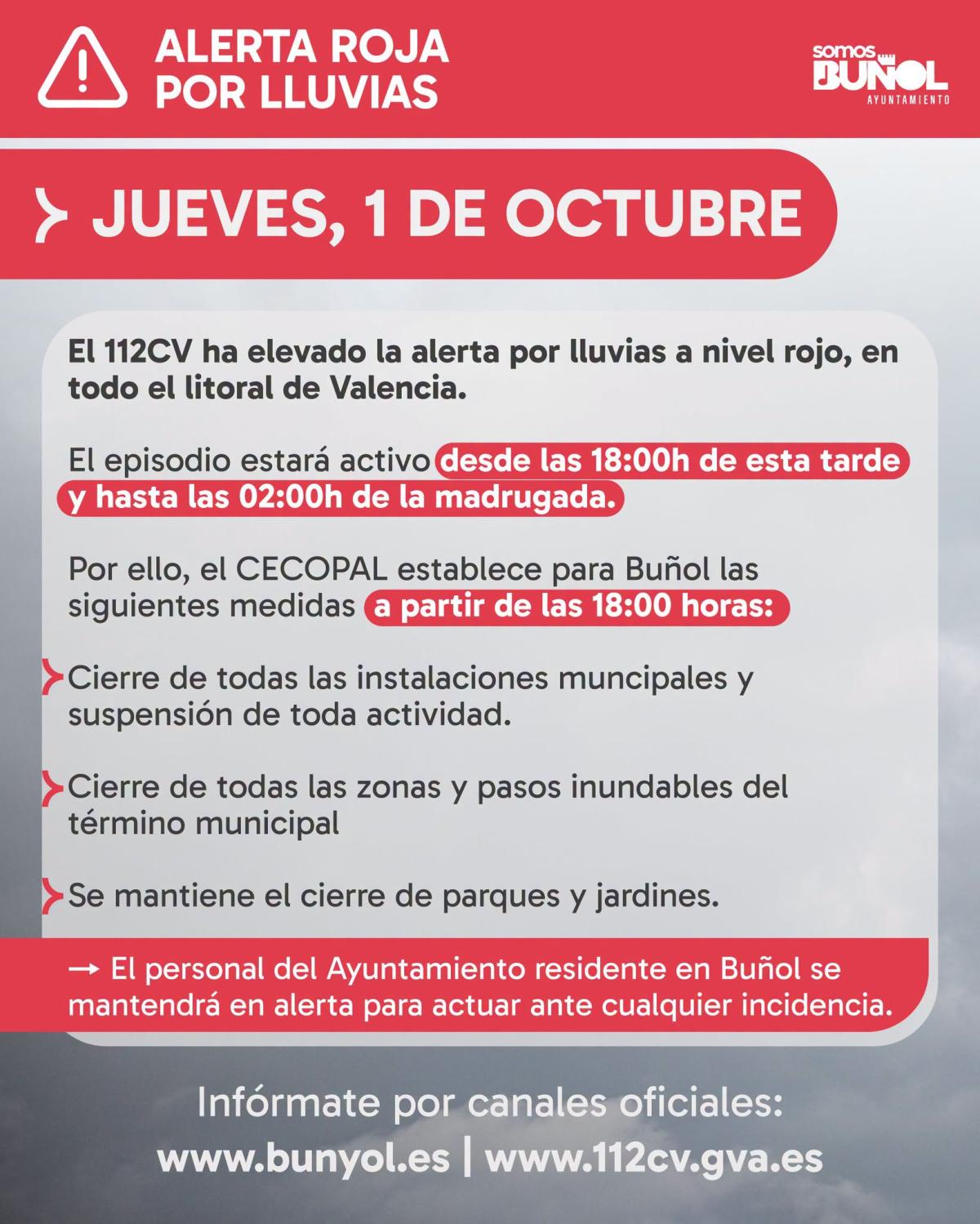 Alerta roja por lluvias desde las 18h hasta las 2h de la madrugada 